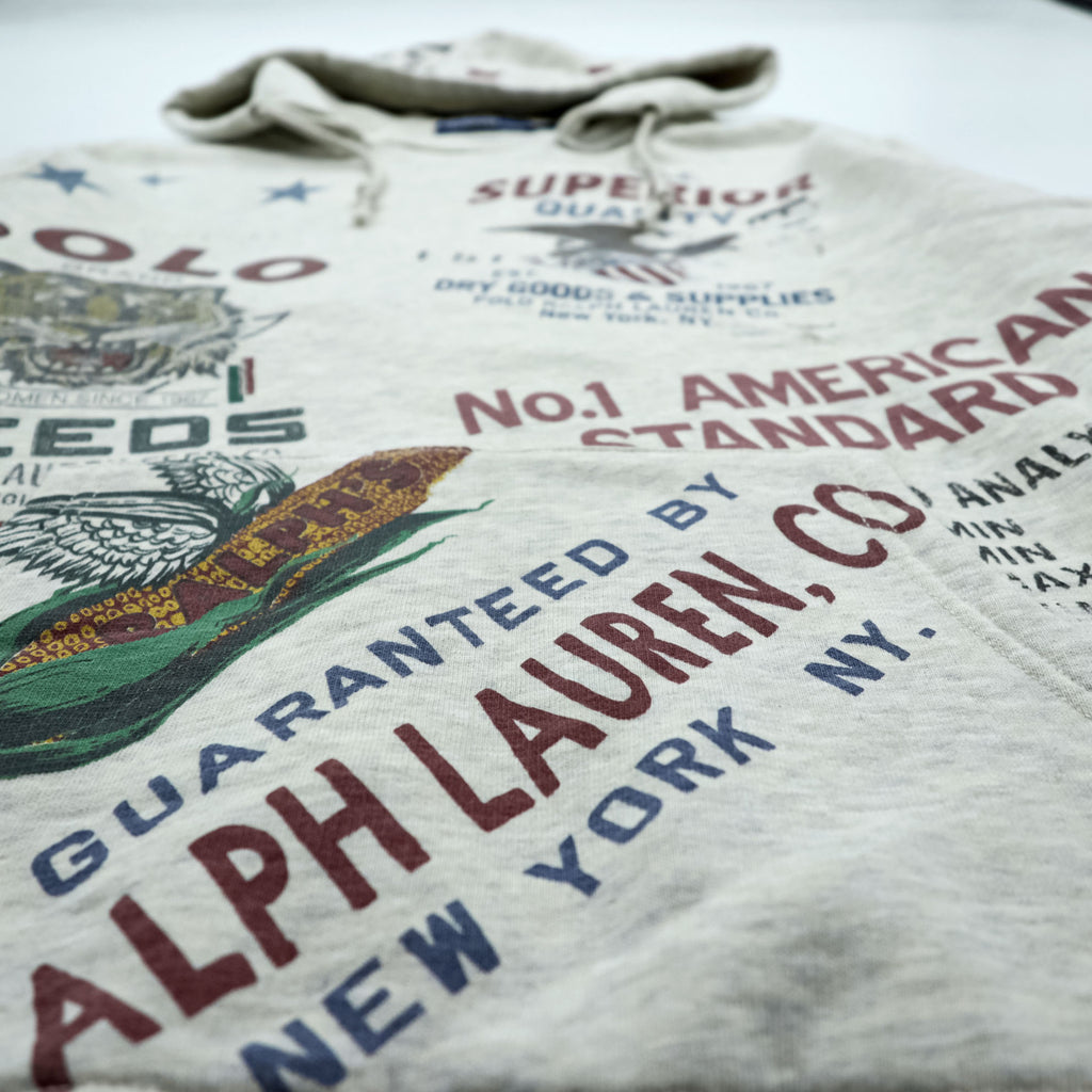 Polo Ralph Lauren ヴィンテージ加工 染み込み プリント 後付け パーカー M グレー 総柄 プルオーバー コットン 飼料袋