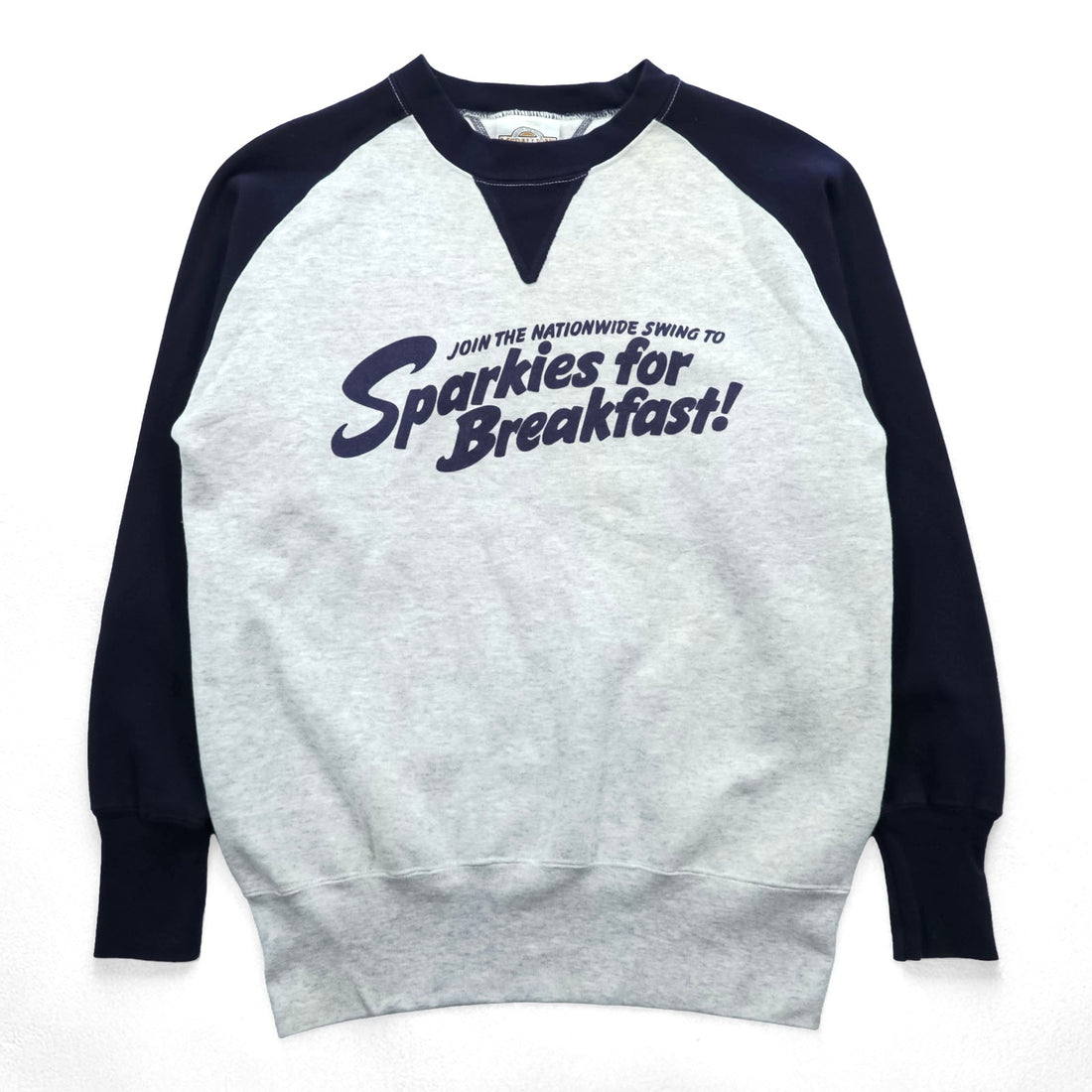 90年代 USA製 ヴィンテージ MEDALLION ラグラン 両V スウェット トレーナー M グレー ネイビー Sparkies for Breakfast