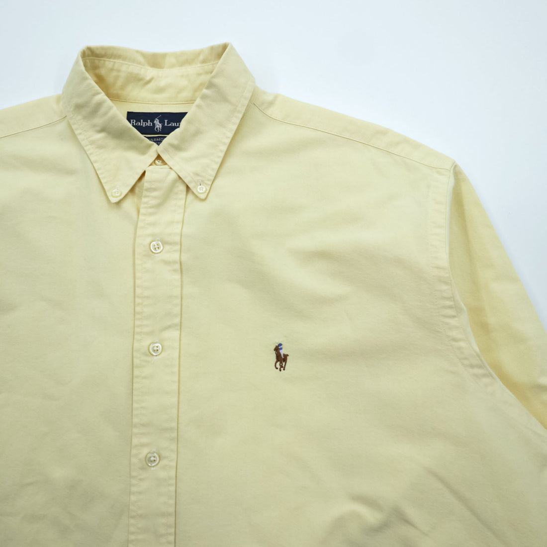 Ralph Lauren 90s Oxford button-down shirt, size XL and up, yellow, YARMOUTH logo, small pony embroidery.