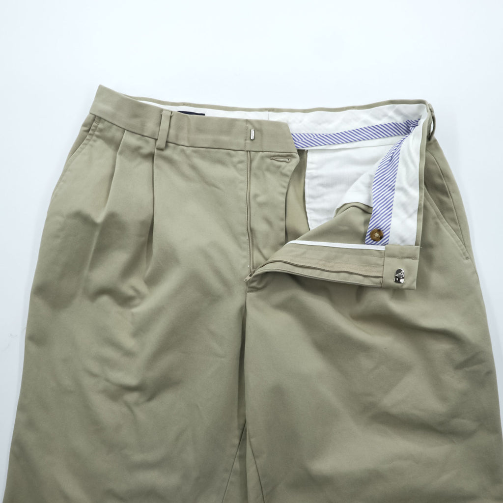 LANDS' END 2タック ワイド チノパンツ M ベージュ TRADITIONAL FIT コットン