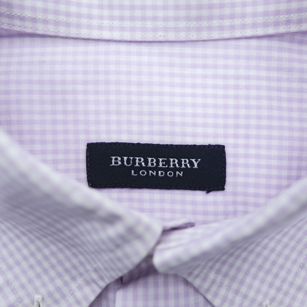 BURBERRY button-down shirt, size XL and up, checked pattern, single-point logo, purple, white. NEW BRADYS