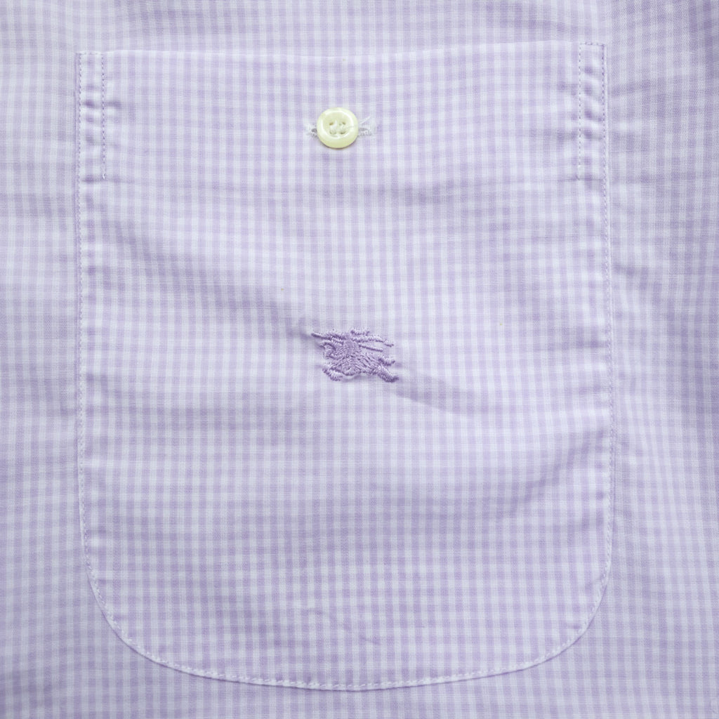 BURBERRY button-down shirt, size XL and up, checked pattern, single-point logo, purple, white. NEW BRADYS