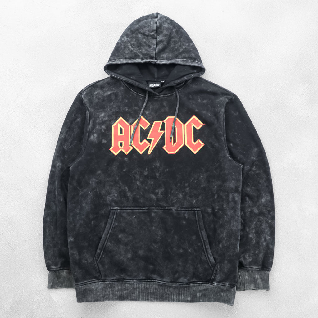 AC/DC Logo Hoodie Black Acid Wash Bleached Pullover Rock Band Sweatshirt