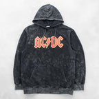 AC/DC Logo Hoodie Black Acid Wash Bleached Pullover Rock Band Sweatshirt