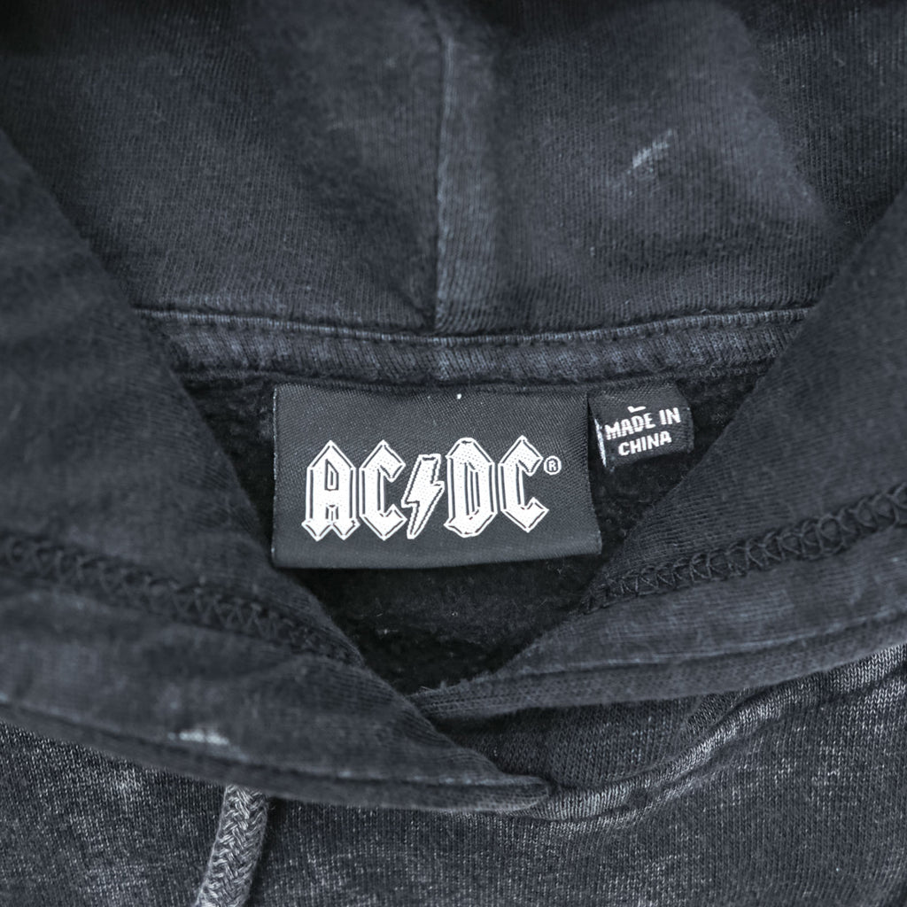 AC/DC Logo Hoodie Black Acid Wash Bleached Pullover Rock Band Sweatshirt