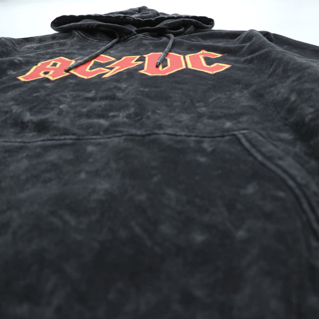 AC/DC Logo Hoodie Black Acid Wash Bleached Pullover Rock Band Sweatshirt