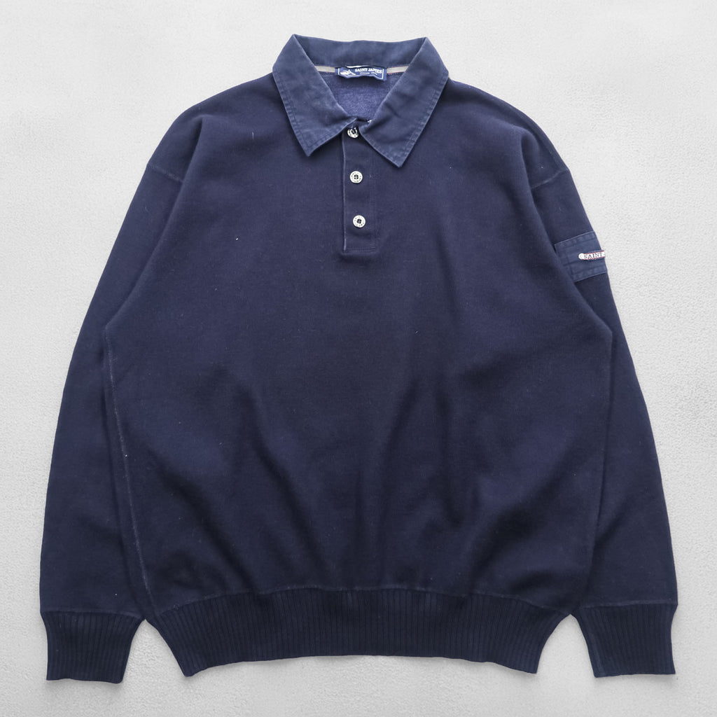 SAINT JAMES Polo Sweatshirt Elbow Patch Trainer L Navy Collared