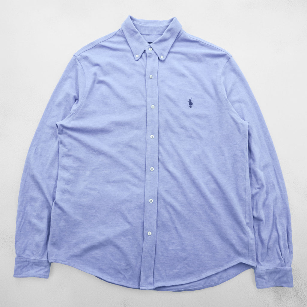Ralph Lauren Pique Button-Down Shirt L Blue FEATHERWEIGHT MESH Small Pony Embroidered Logo