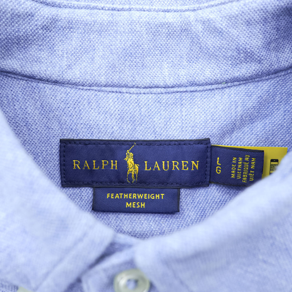 Ralph Lauren Pique Button-Down Shirt L Blue FEATHERWEIGHT MESH Small Pony Embroidered Logo