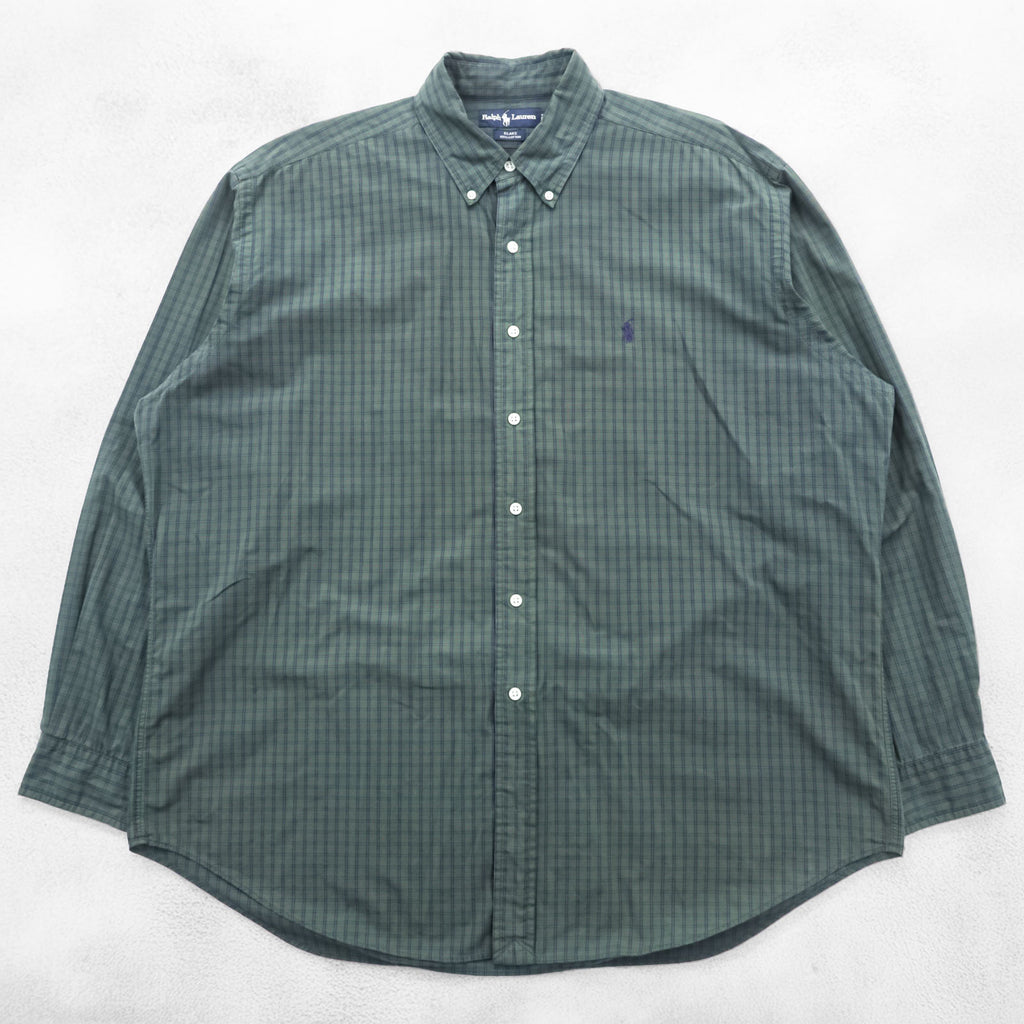 Ralph Lauren 90s button-down shirt, size XL, checked green, black, with small pony embroidery.