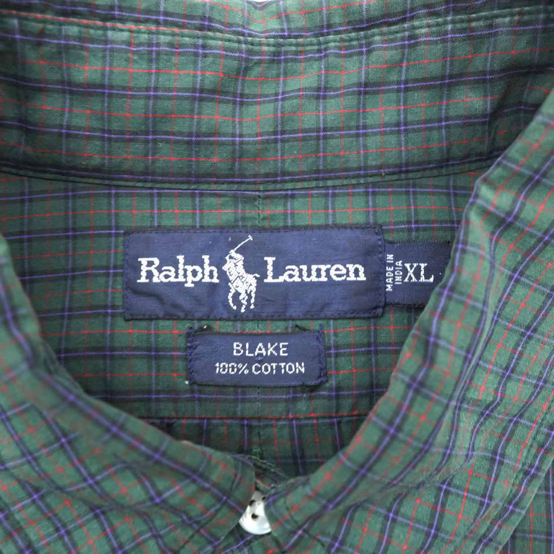 Ralph Lauren 90s button-down shirt, size XL, checked green, black, with small pony embroidery.
