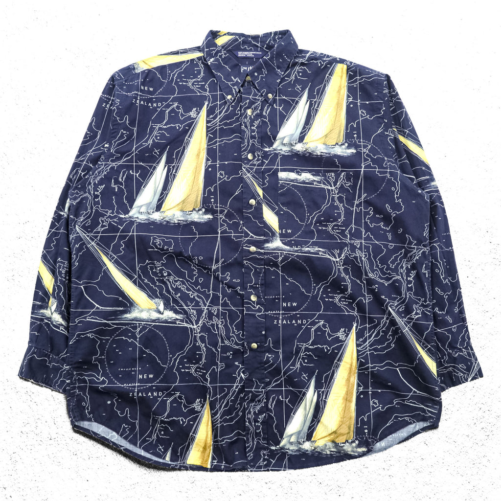 NAUTICA 90s All-Over Print Button-Down Shirt XL Navy Cotton Chest Pocket Map Pattern Yacht
