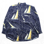 NAUTICA 90s All-Over Print Button-Down Shirt XL Navy Cotton Chest Pocket Map Pattern Yacht