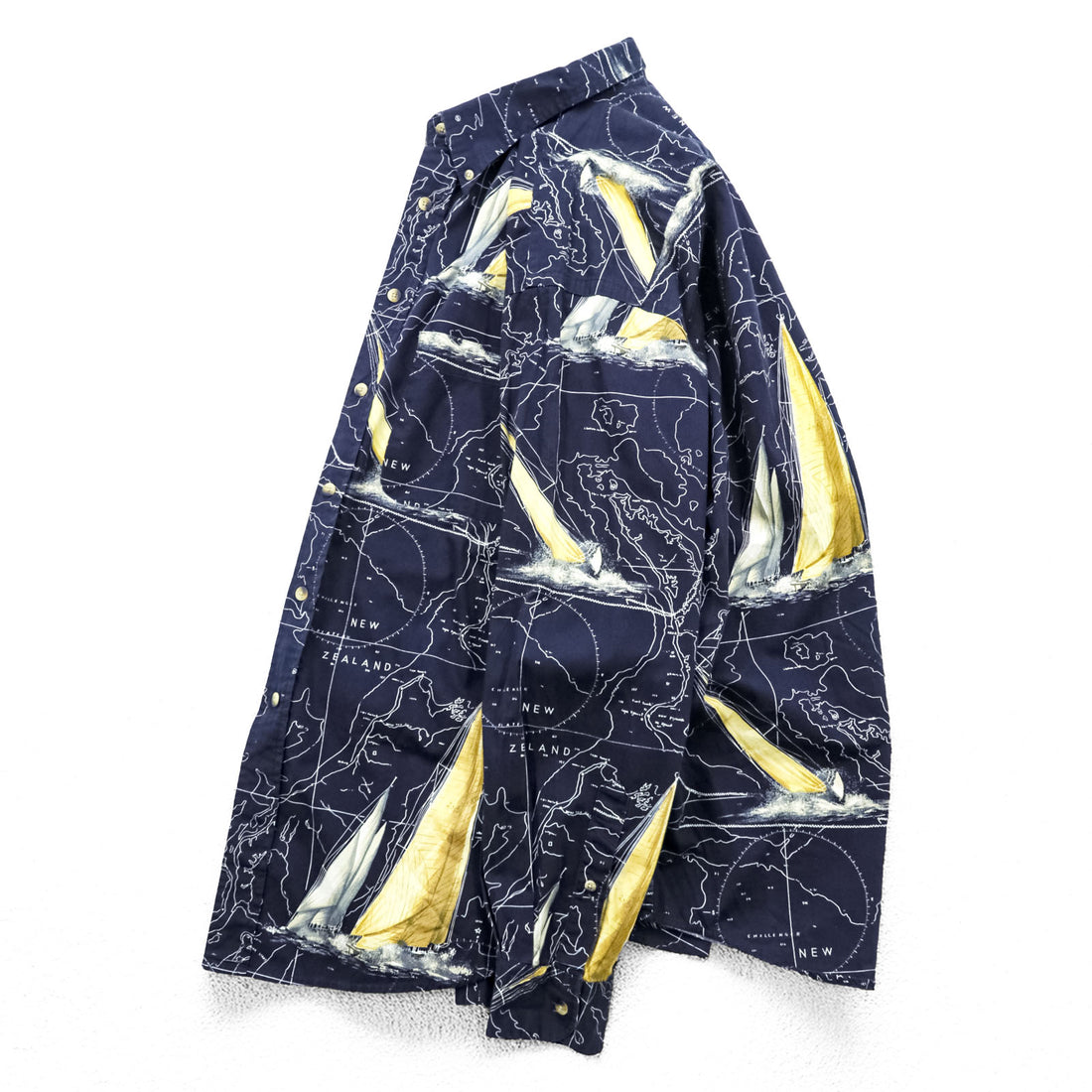 NAUTICA 90s All-Over Print Button-Down Shirt XL Navy Cotton Chest Pocket Map Pattern Yacht