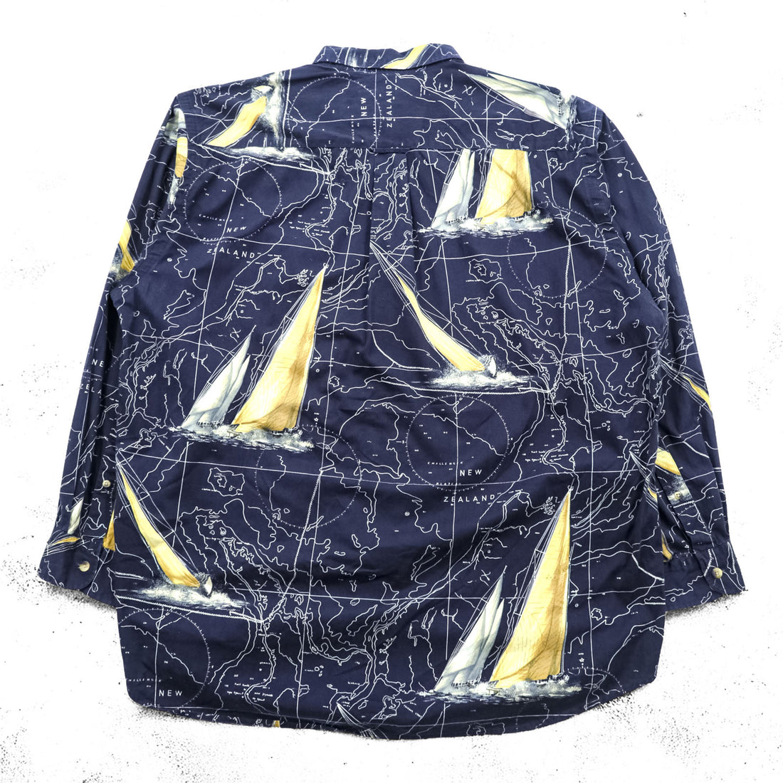 NAUTICA 90s All-Over Print Button-Down Shirt XL Navy Cotton Chest Pocket Map Pattern Yacht