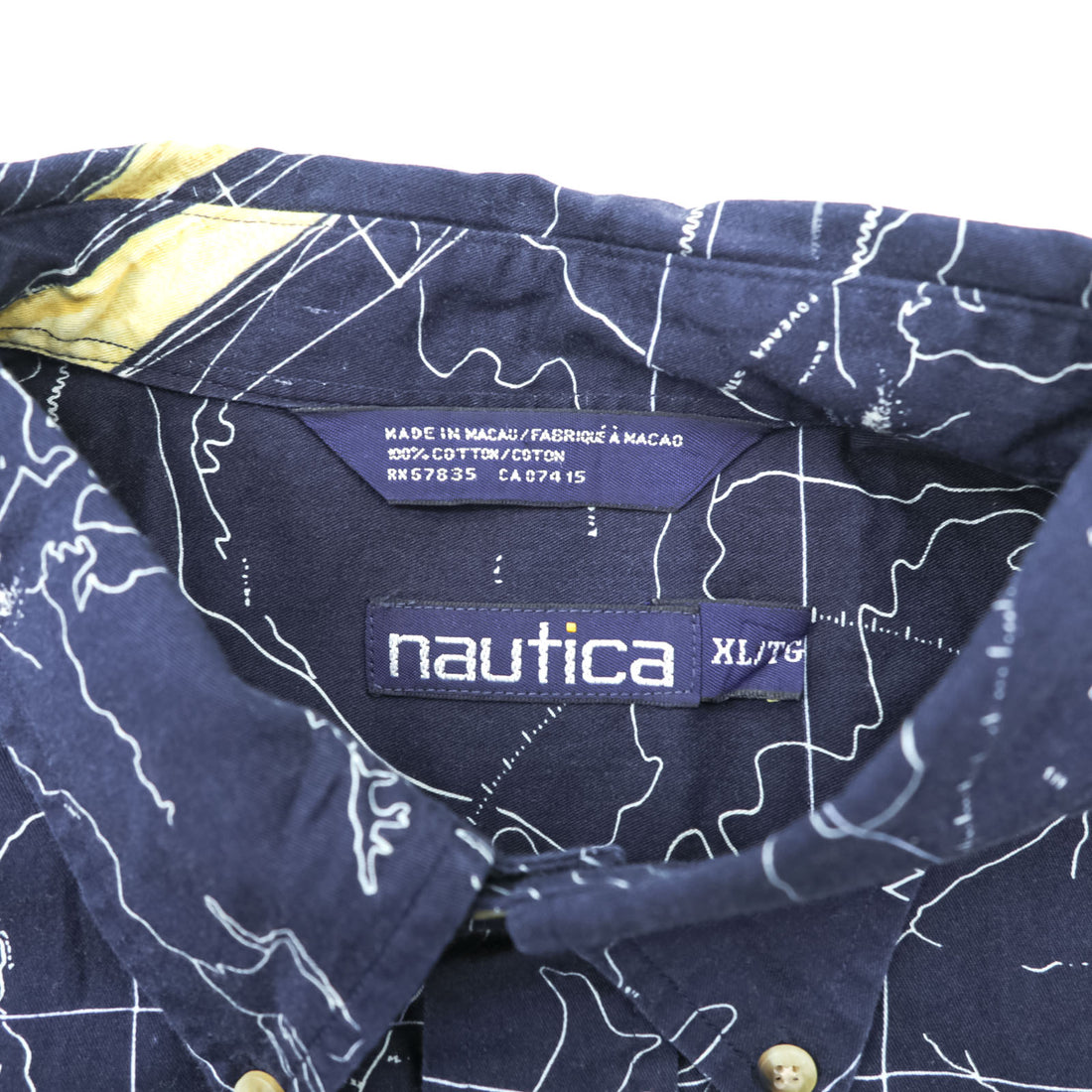 NAUTICA 90s All-Over Print Button-Down Shirt XL Navy Cotton Chest Pocket Map Pattern Yacht