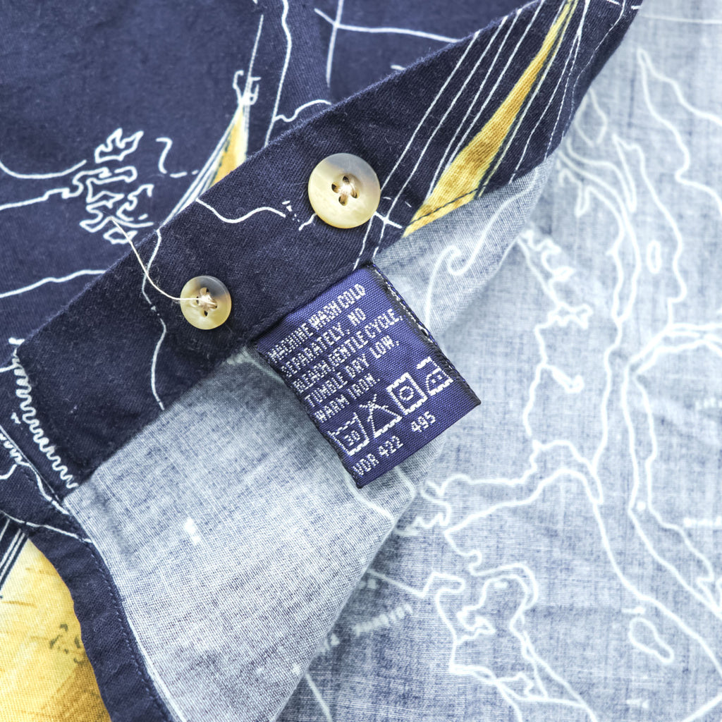 NAUTICA 90s All-Over Print Button-Down Shirt XL Navy Cotton Chest Pocket Map Pattern Yacht