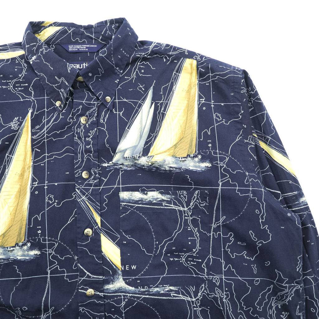NAUTICA 90s All-Over Print Button-Down Shirt XL Navy Cotton Chest Pocket Map Pattern Yacht
