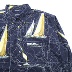 NAUTICA 90s All-Over Print Button-Down Shirt XL Navy Cotton Chest Pocket Map Pattern Yacht