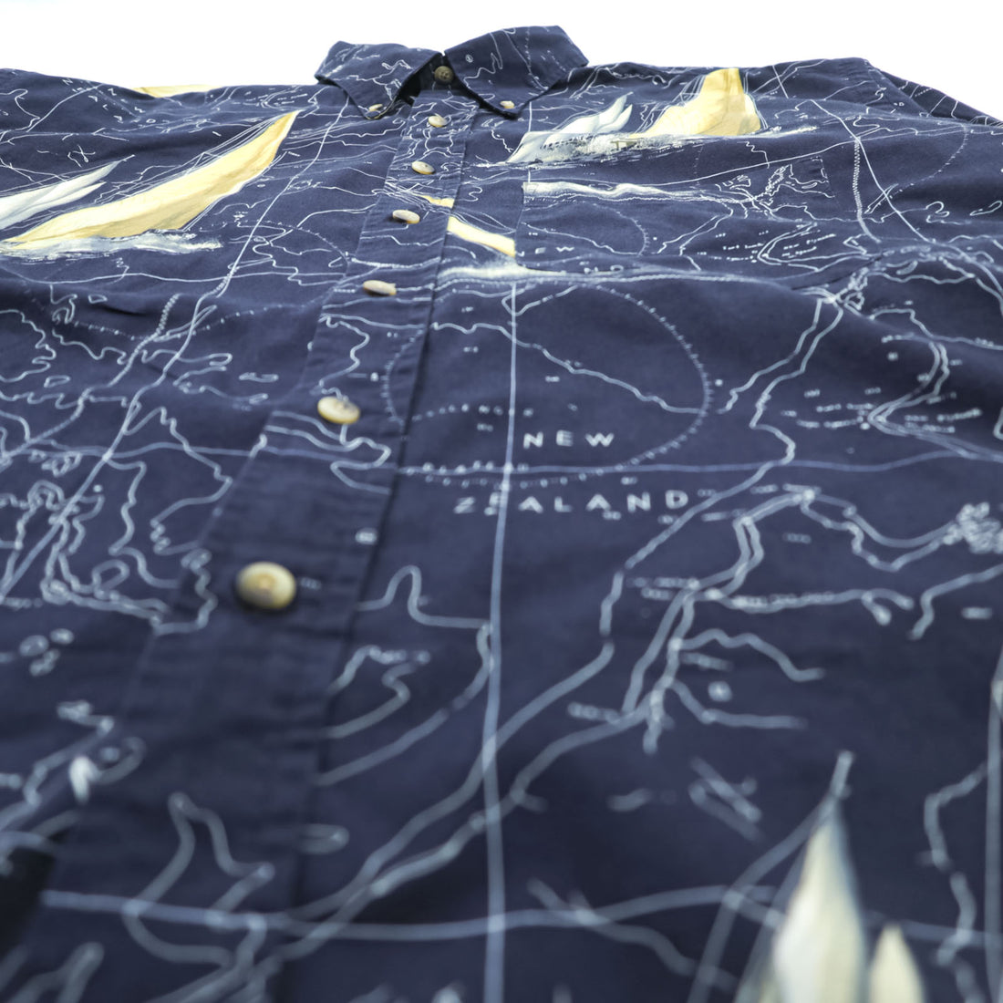 NAUTICA 90s All-Over Print Button-Down Shirt XL Navy Cotton Chest Pocket Map Pattern Yacht