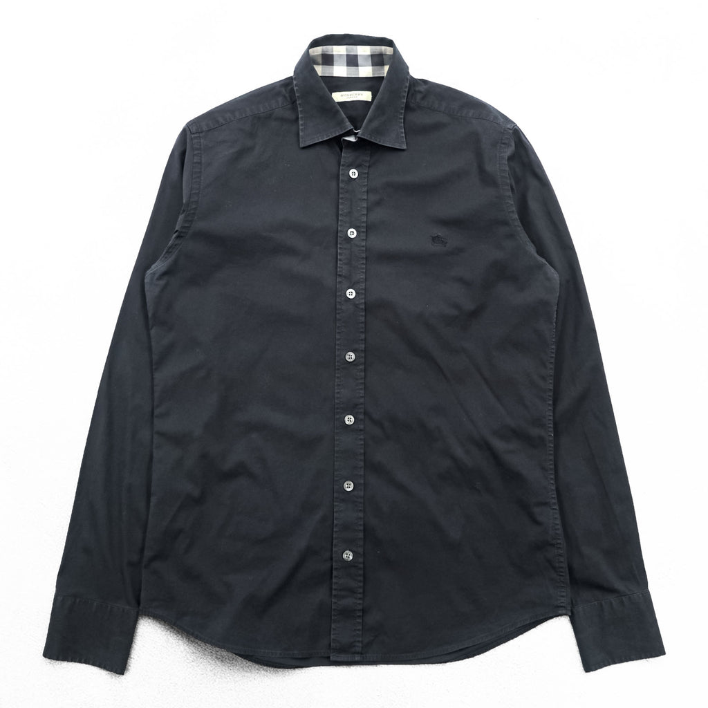 BURBERRY LONDON Stretch Dress Shirt S Black One Point Logo Embroidery Nova Check Switching Made in Turkey