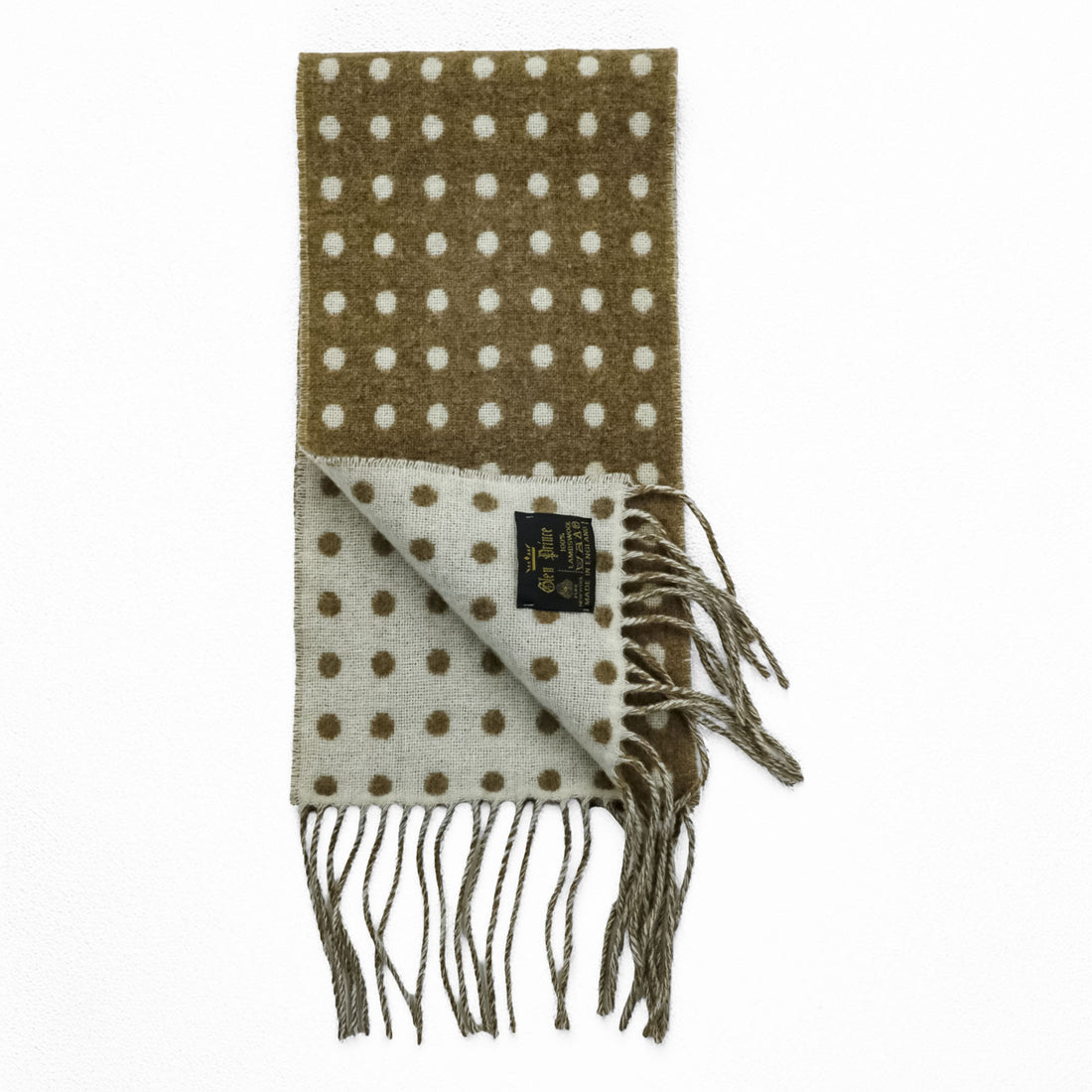 Glen Prince 英国製 リバーシブル ドット柄 フリンジ ラムウール マフラー 羊毛 HRM取扱い イングランド製