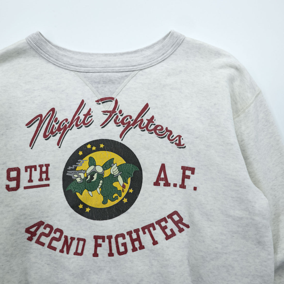 BUZZ RICKSON'S Japan Made Front V Sweatshirt, Size M, Gray, Night Fighter 9th A.F.