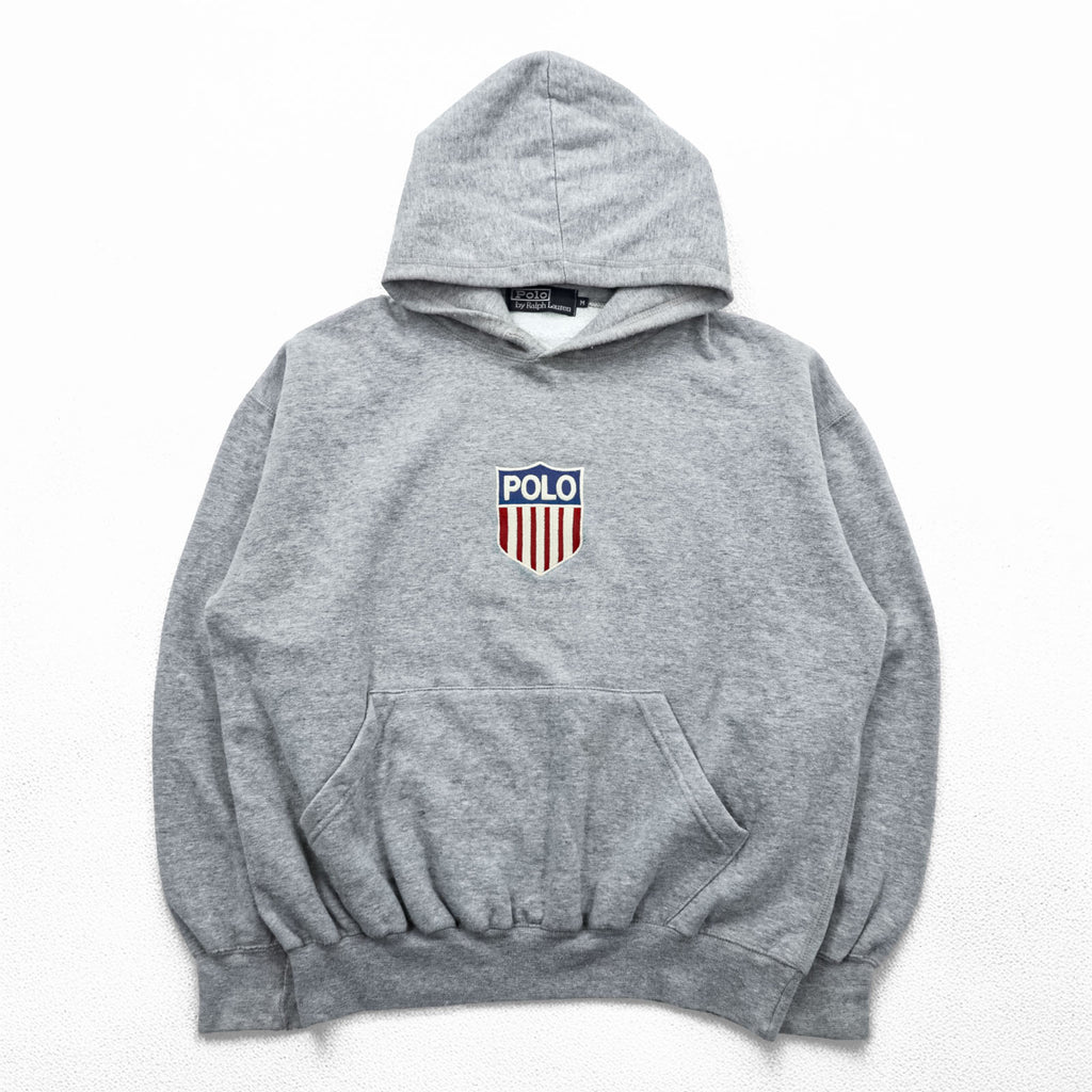 Polo Ralph Lauren 90s Pullover Hoodie M Gray Cropped Kangaroo Pocket Stars and Stripes Emblem