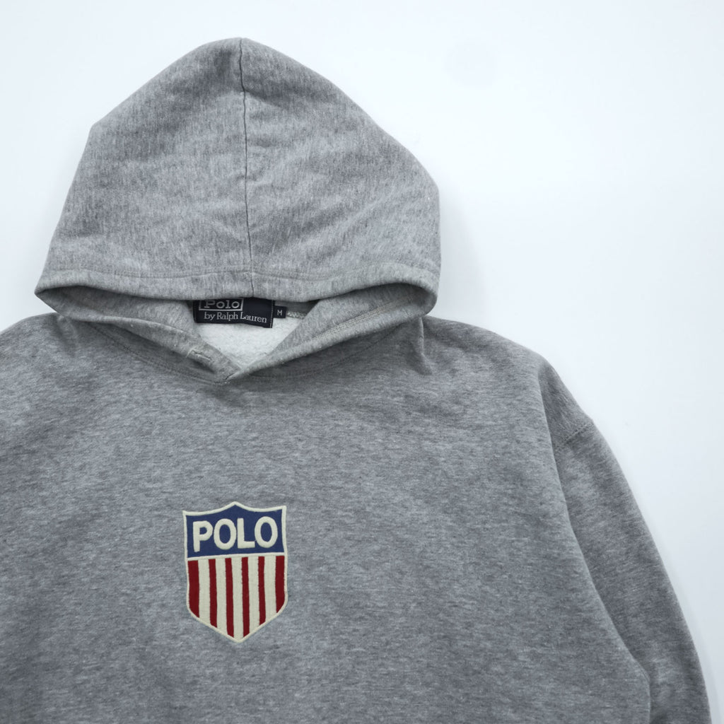 Polo Ralph Lauren 90s Pullover Hoodie M Gray Cropped Kangaroo Pocket Stars and Stripes Emblem