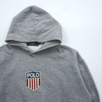 Polo Ralph Lauren 90s Pullover Hoodie M Gray Cropped Kangaroo Pocket Stars and Stripes Emblem