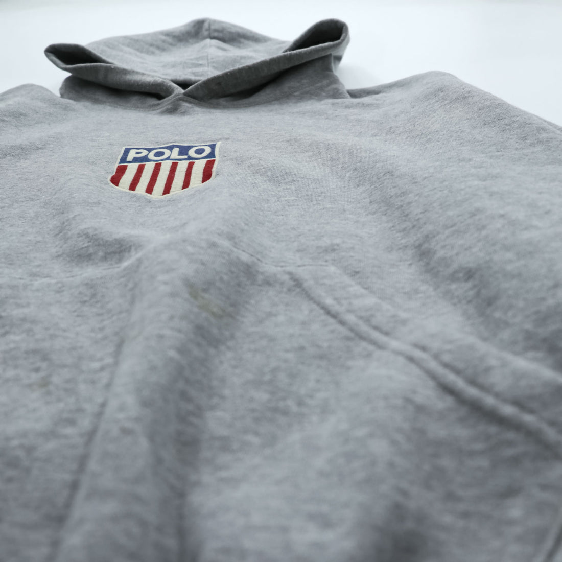 Polo Ralph Lauren 90s Pullover Hoodie M Gray Cropped Kangaroo Pocket Stars and Stripes Emblem
