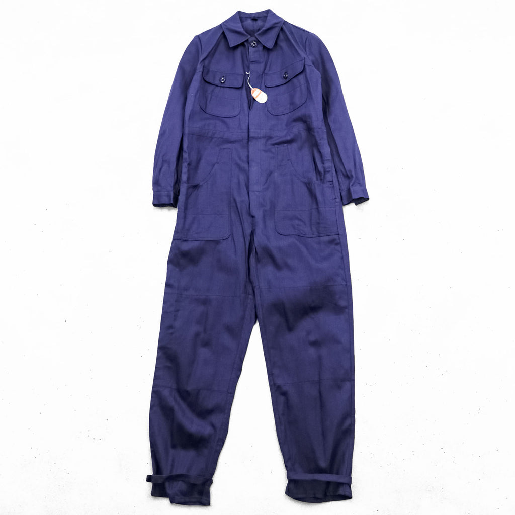 70s Germany Vintage SANFOR Herringbone Twill Coveralls Blue Euro Workwear Jumpsuit Size 46 Deadstock