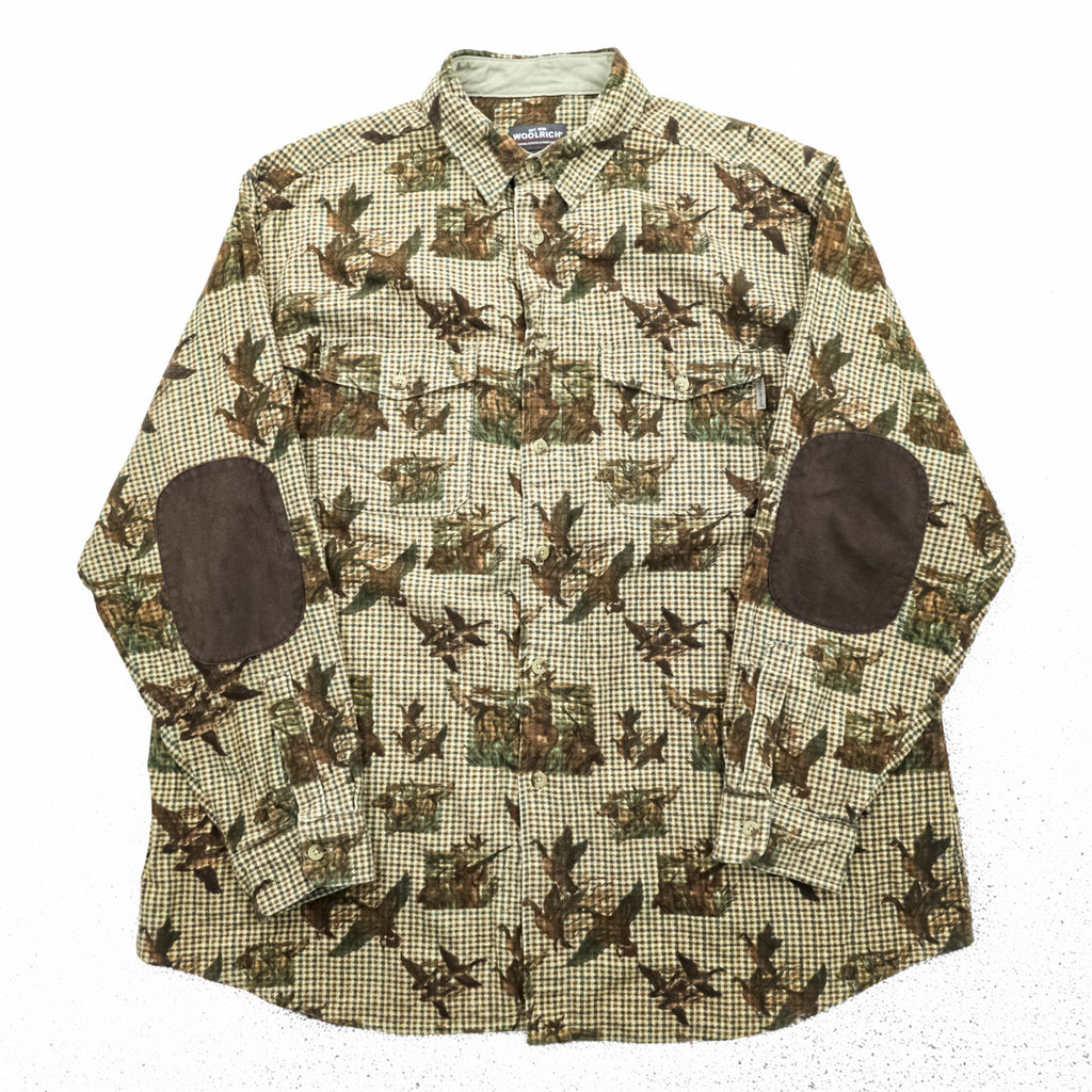 Woolrich Elbow Patch All-Over Print Hunting Shirt XL Beige BUCKSKIN HUNTER WITH DOG Houndstooth Camo 6417