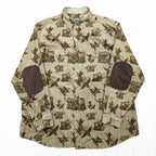 Woolrich Elbow Patch All-Over Print Hunting Shirt XL Beige BUCKSKIN HUNTER WITH DOG Houndstooth Camo 6417