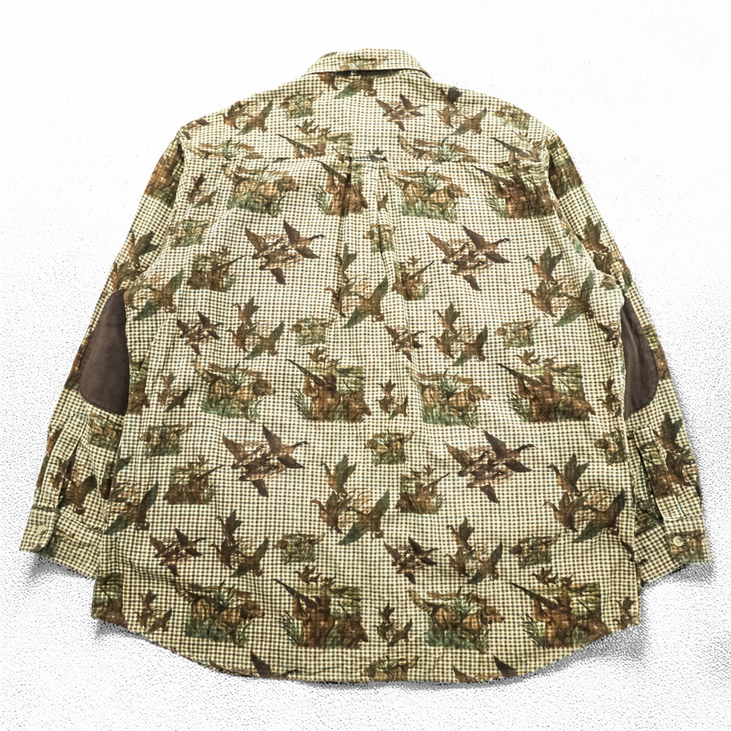 Woolrich Elbow Patch All-Over Print Hunting Shirt XL Beige BUCKSKIN HUNTER WITH DOG Houndstooth Camo 6417
