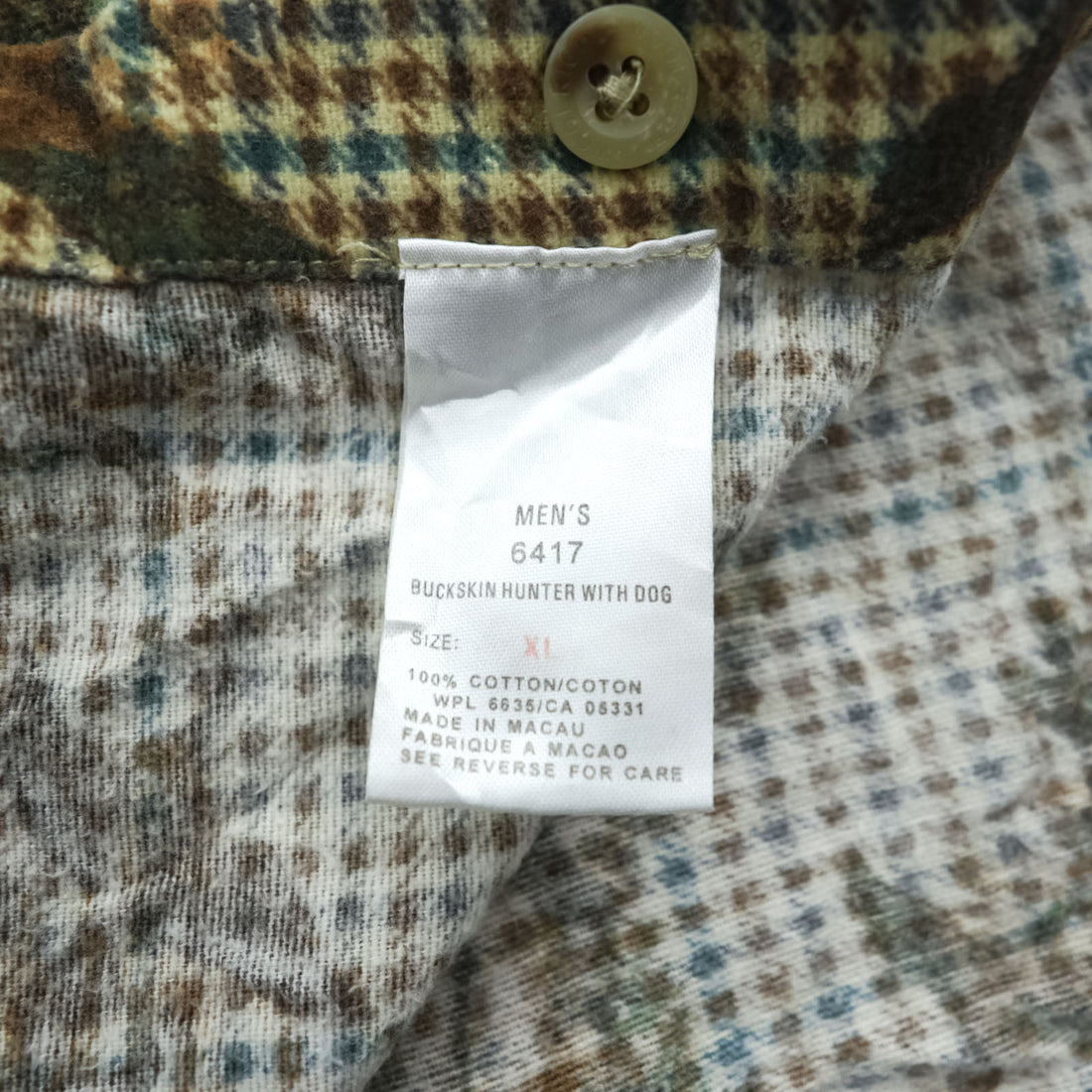 Woolrich Elbow Patch All-Over Print Hunting Shirt XL Beige BUCKSKIN HUNTER WITH DOG Houndstooth Camo 6417