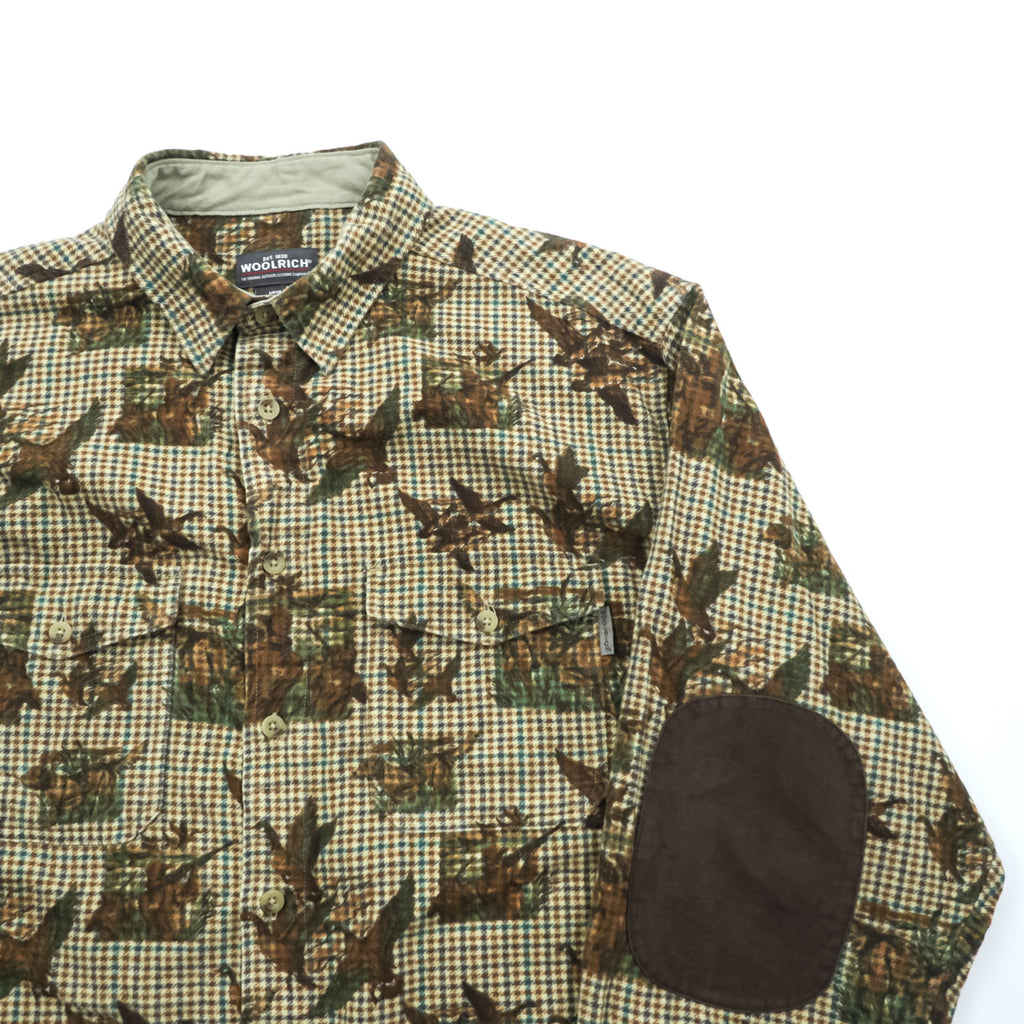 Woolrich Elbow Patch All-Over Print Hunting Shirt XL Beige BUCKSKIN HUNTER WITH DOG Houndstooth Camo 6417