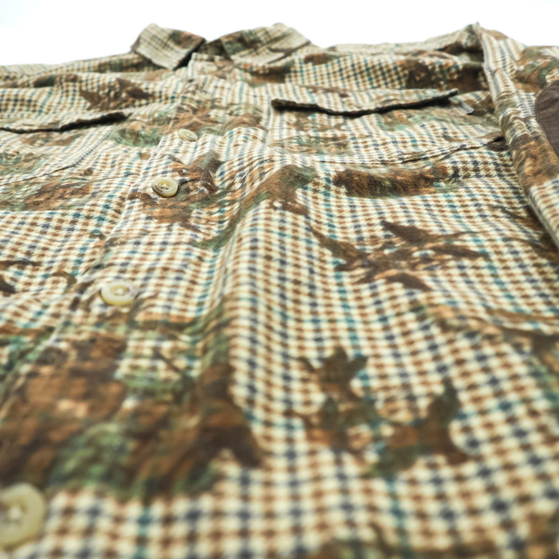 Woolrich Elbow Patch All-Over Print Hunting Shirt XL Beige BUCKSKIN HUNTER WITH DOG Houndstooth Camo 6417