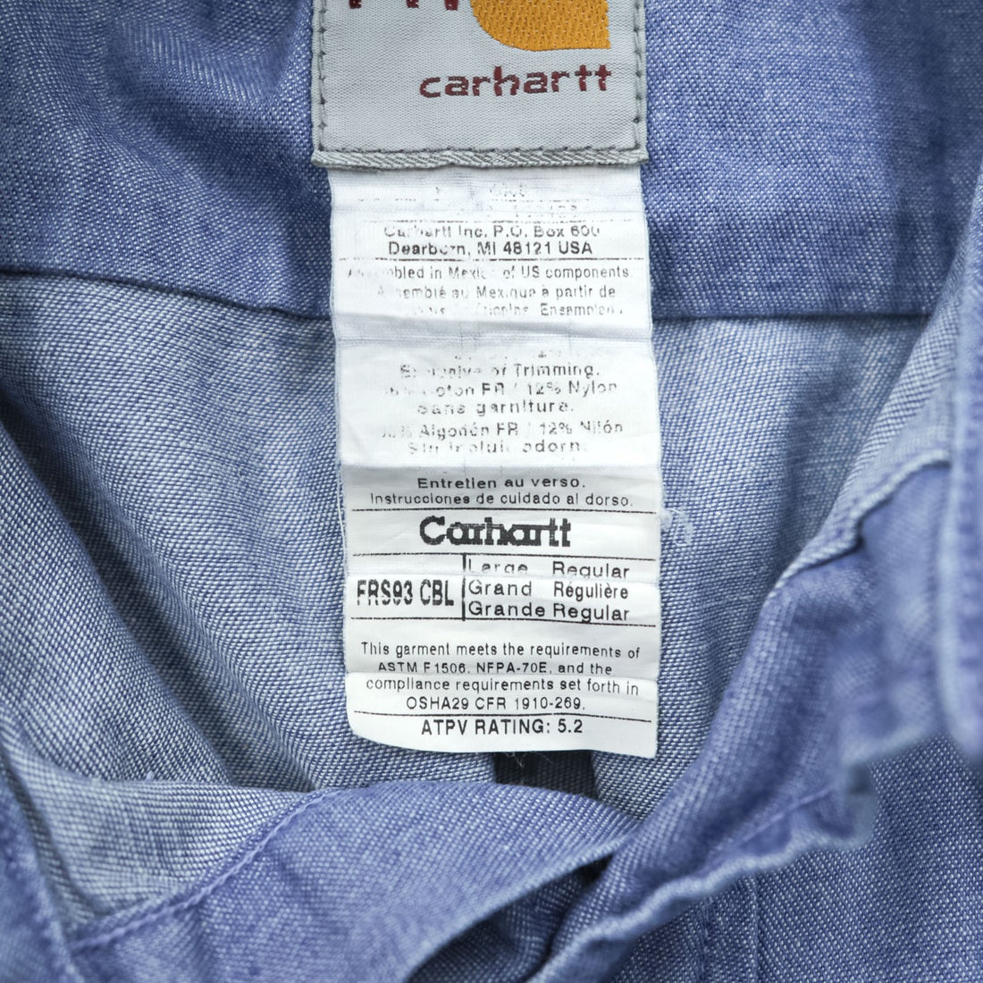 Carhartt 90s Chambray Work Shirt L Blue Button-Down Flame Resistant FRS293 CBL