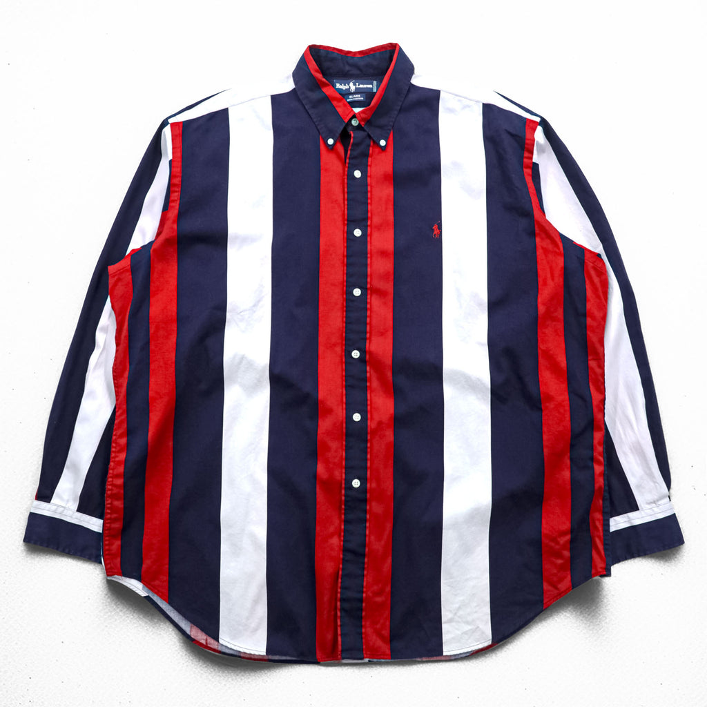 Ralph Lauren 90年代 BLAIRE ボタンダウンシャツ XL ストライプ トリコロール スモールポニー刺繍