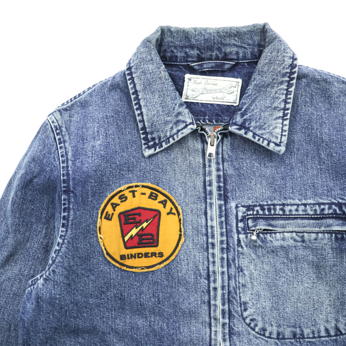 Schott PERFECTO デニムジャケット DENIM CPO JACKET ジップアップ ブルゾン S インディゴ Perfecto EAST-BAY BINDERS 刺繍 ワッペン スタッズ