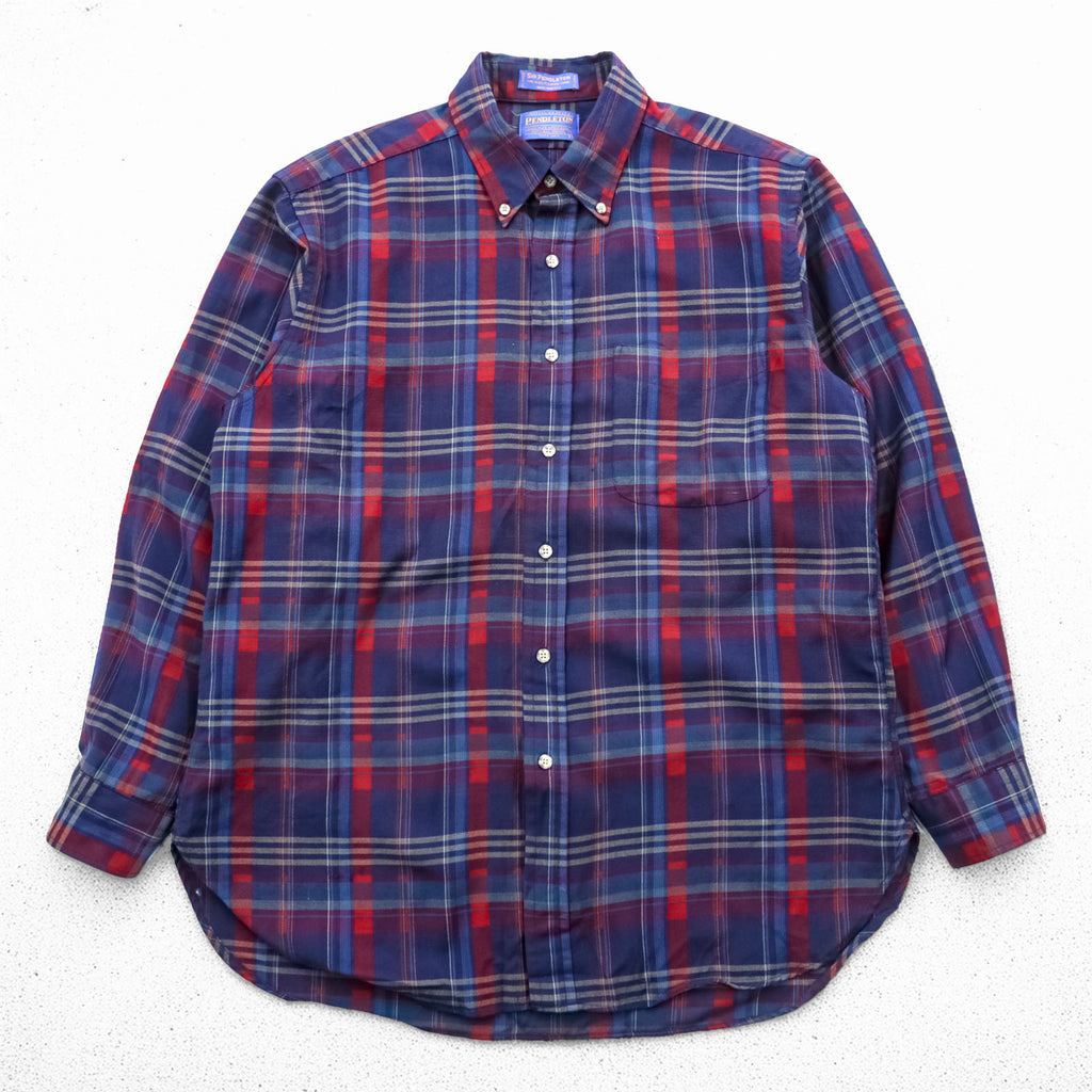 PENDLETON Button-Down Flannel Shirt Long Sleeve Wool Shirt L Navy Plaid Chest Pocket PURE VIRGIN WOOL