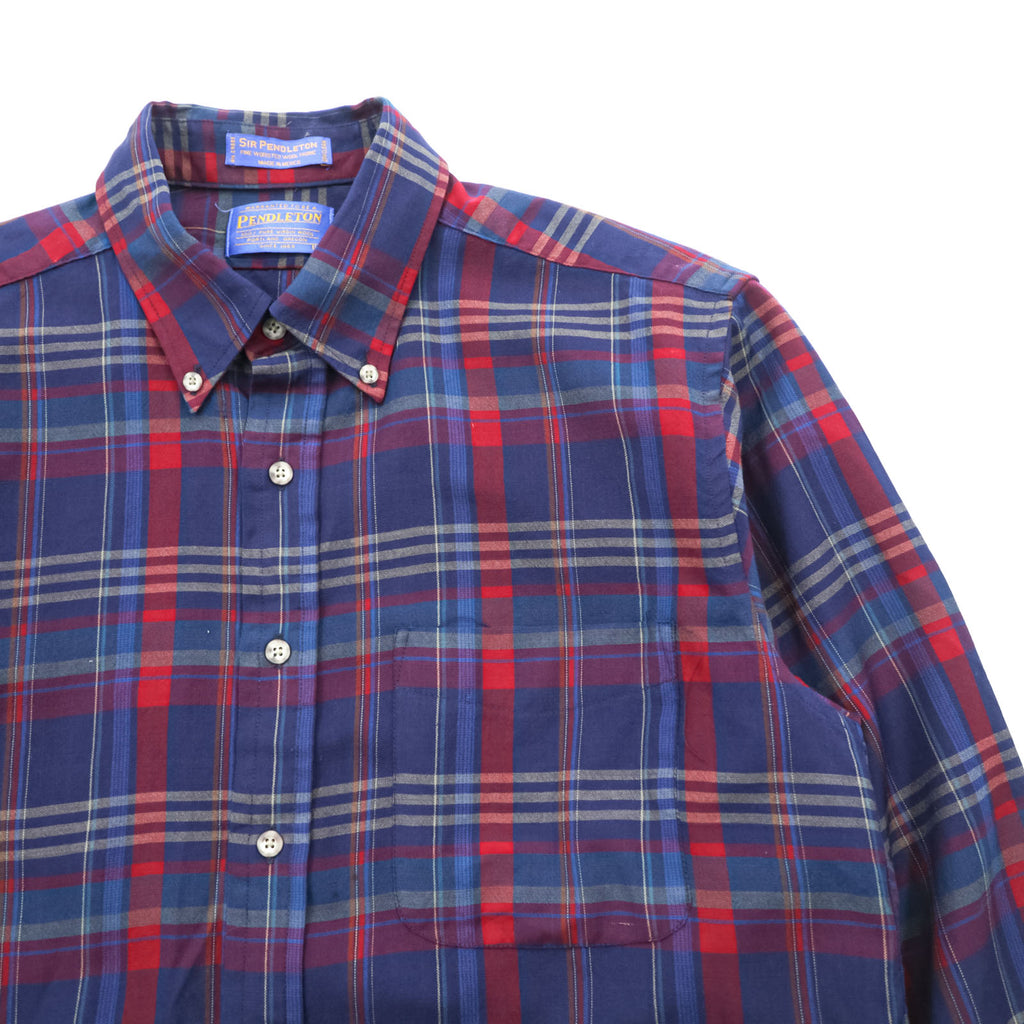 PENDLETON Button-Down Flannel Shirt Long Sleeve Wool Shirt L Navy Plaid Chest Pocket PURE VIRGIN WOOL