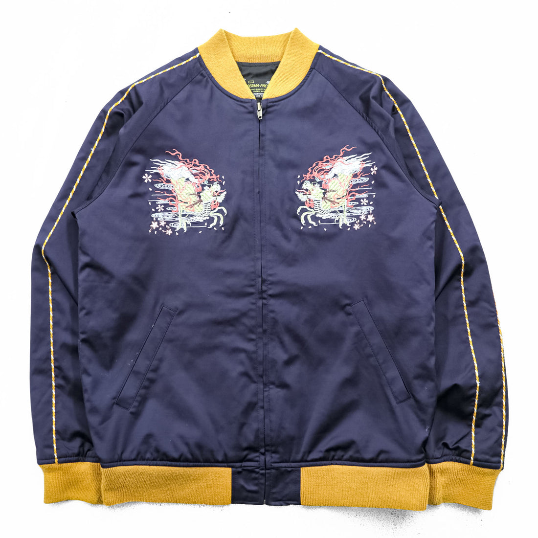 Sears スカジャン スーベニアジャケット M ネイビー PERMA-PREST 龍 桜 JAPAN 和柄 刺繍 UNION MADE