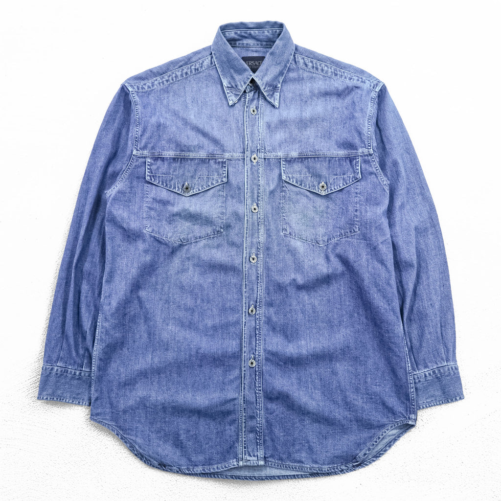 VERSACE 90s Made in Italy Denim Work Shirt XL Indigo Blue Metal Buttons