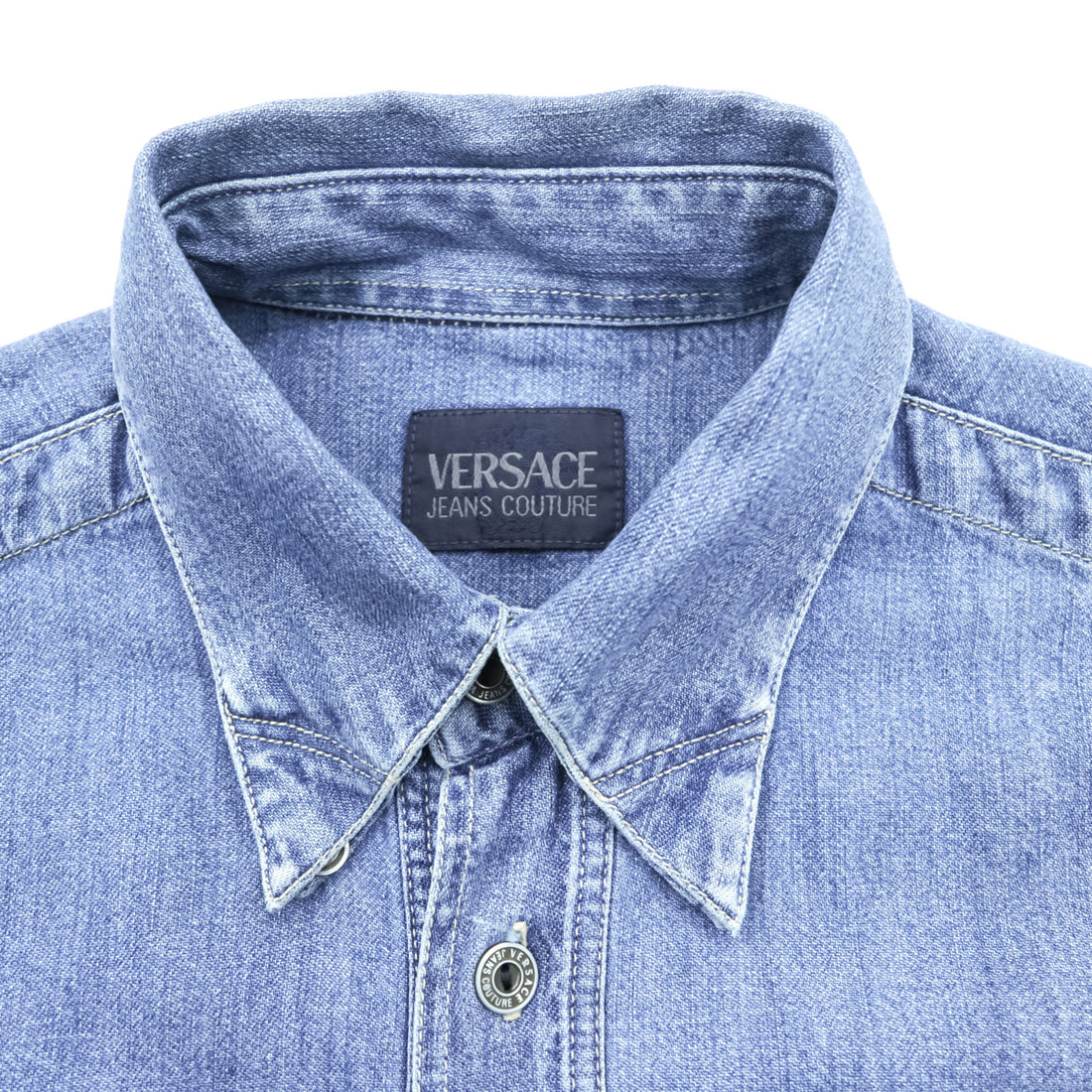VERSACE 90s Made in Italy Denim Work Shirt XL Indigo Blue Metal Buttons