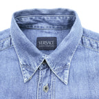 VERSACE 90s Made in Italy Denim Work Shirt XL Indigo Blue Metal Buttons