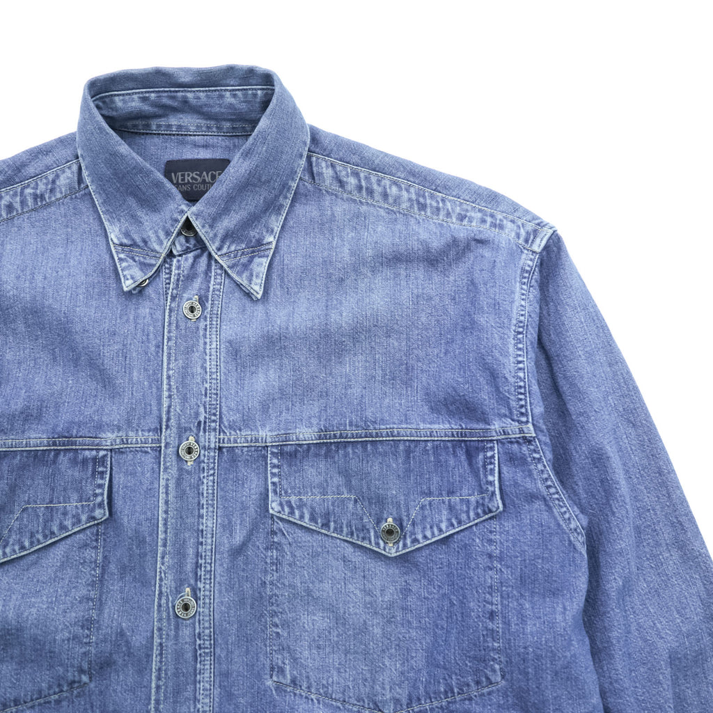 VERSACE 90s Made in Italy Denim Work Shirt XL Indigo Blue Metal Buttons