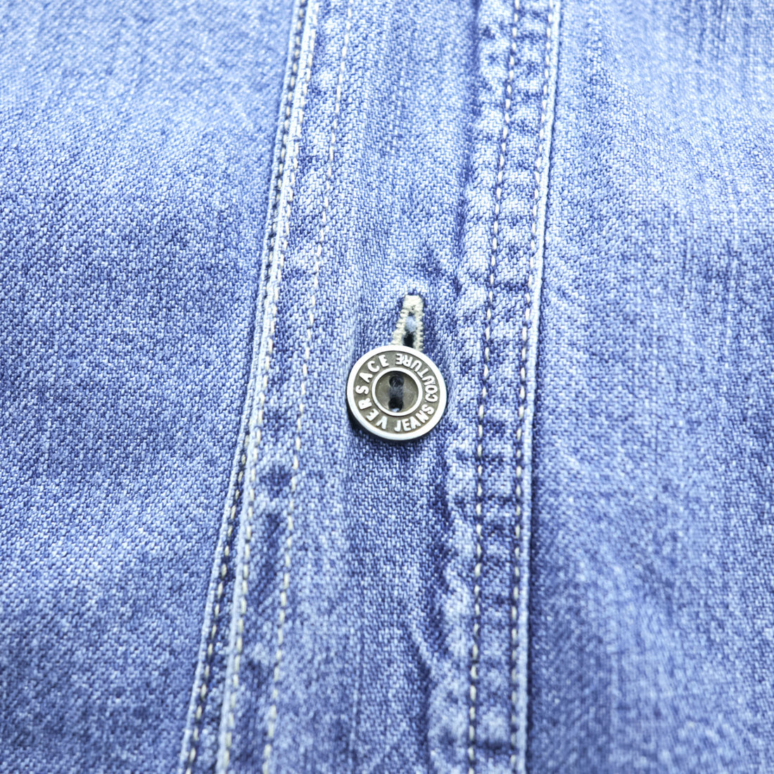 VERSACE 90s Made in Italy Denim Work Shirt XL Indigo Blue Metal Buttons