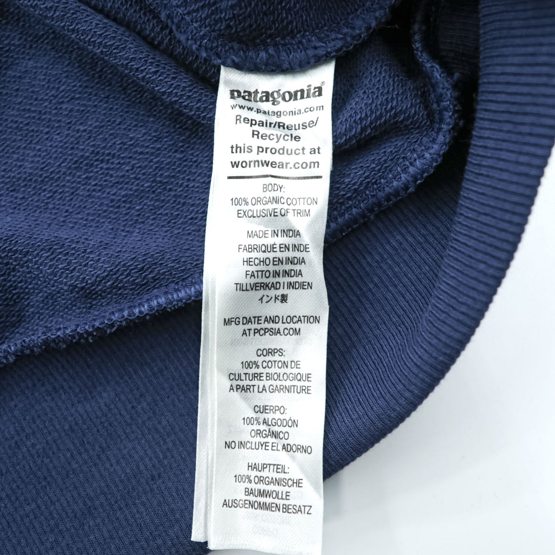 Patagonia Regenerative Organic Certified Cotton Crewneck Sweatshirt, Size M, Navy, Front V-neck, 26346
